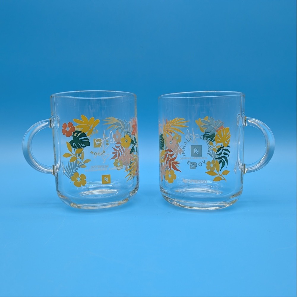 NESPRESSO + Alessandra Ambrosio Clear Glass Mugs Floral Set of 2 Made in France
